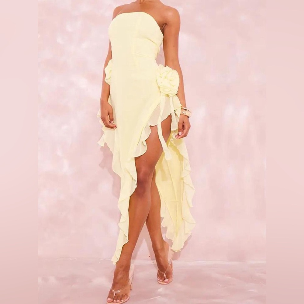 NWT PrettyLittleThing Yellow strapless maxi dress with ruffles Size 8